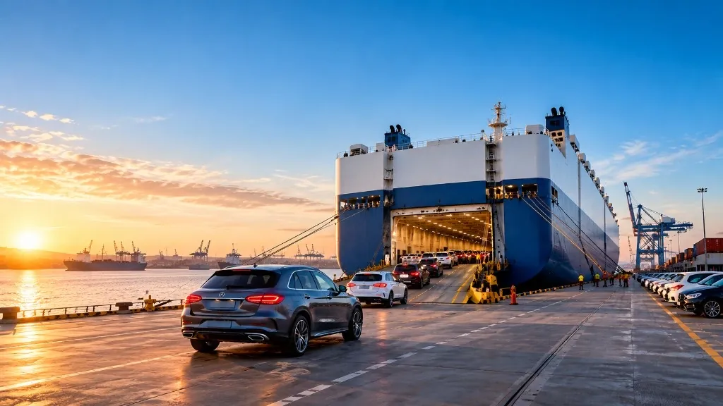Fahrzeuge werden bei Sonnenuntergang auf ein Ro-Ro-Schiff verladen – Fahrzeugverschiffung mit DriveDeal24